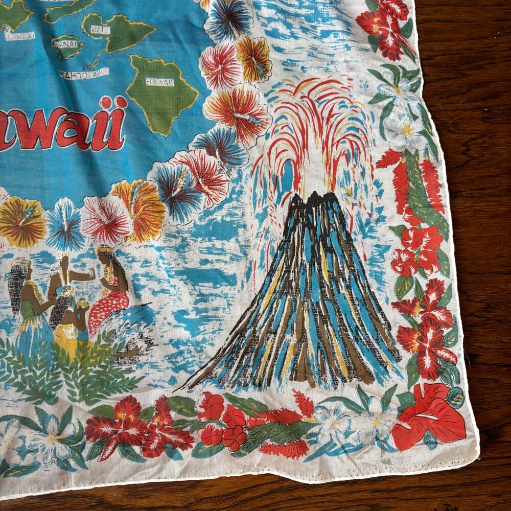 Vtg Hawaii Souvenir Scarf 50s 60s Aloha Map Volcano Surfing Made in Japan - Picture 4 of 9